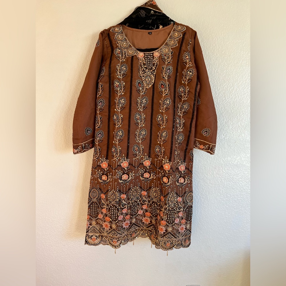Embroidered Brown Dress with Floral Design